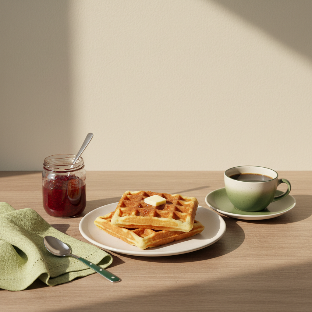 Warum werden meine Waffeln immer hart – gemütliches Frühstück mit frischen Waffeln, Butter, Marmelade und Kaffee auf minimalistischem Tisch, Hintergrund #dbdbcf, Akzent #a5cd8d