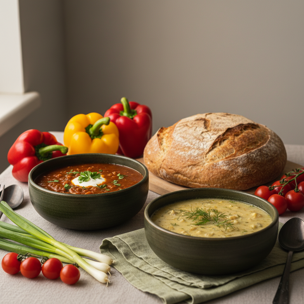 Vollformatige, minimalistische Aufnahme mit ungarischen und rumänischen Eintöpfen, frischem Gemüse und rustikalem Brot auf Hintergrund #dbdbcf – sieben Säulen der Ernährung