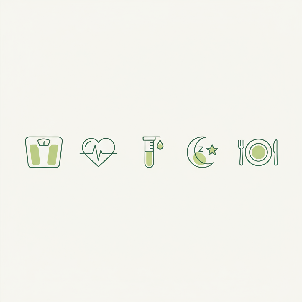 Minimalistische 2D-Vektor-Infografik mit fünf Icons zu Gewicht, Herzfrequenz, Blutprobe, Schlaf und Ernährung als Anzeichen schlechter Stoffwechsel