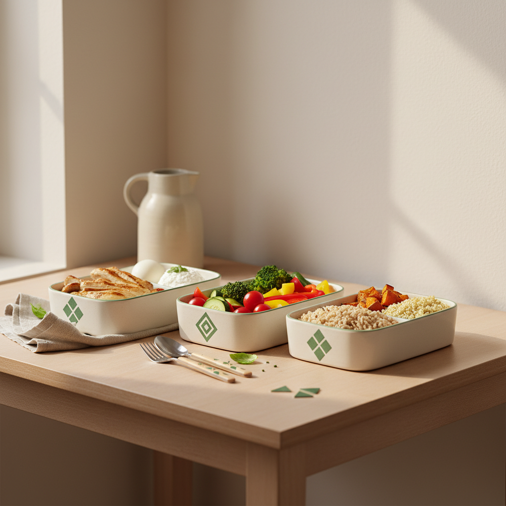 Tisch mit drei Meal-Boxen (Protein, Gemüse, komplexe Kohlenhydrate) in warmer europäischer Küche, 3-3-3-Regel Abnehmen, minimalistisches Layout