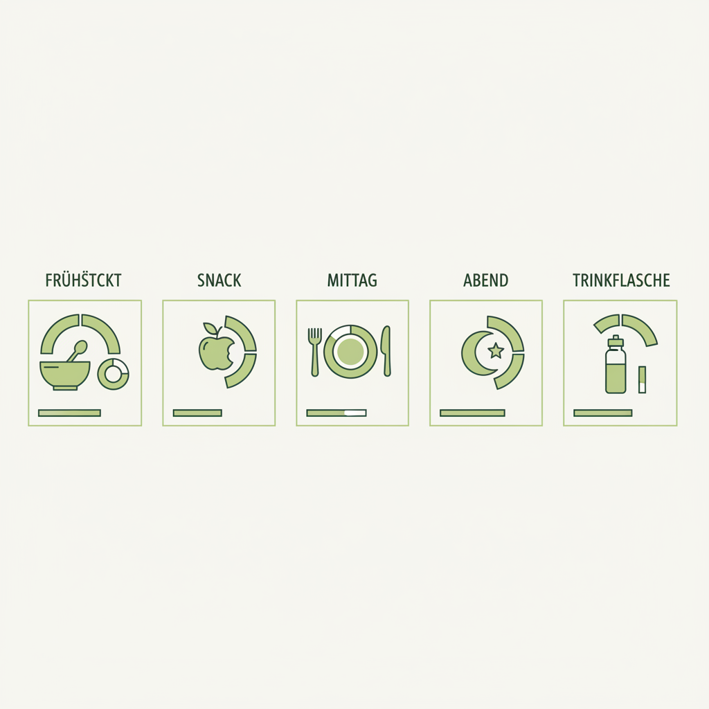 Minimalistische 2D-Vektor-Infografik mit Icons für Frühstück, Snack, Mittag, Abend und Trinkflasche sowie Portionsgrafiken für gesund essen tagsüber