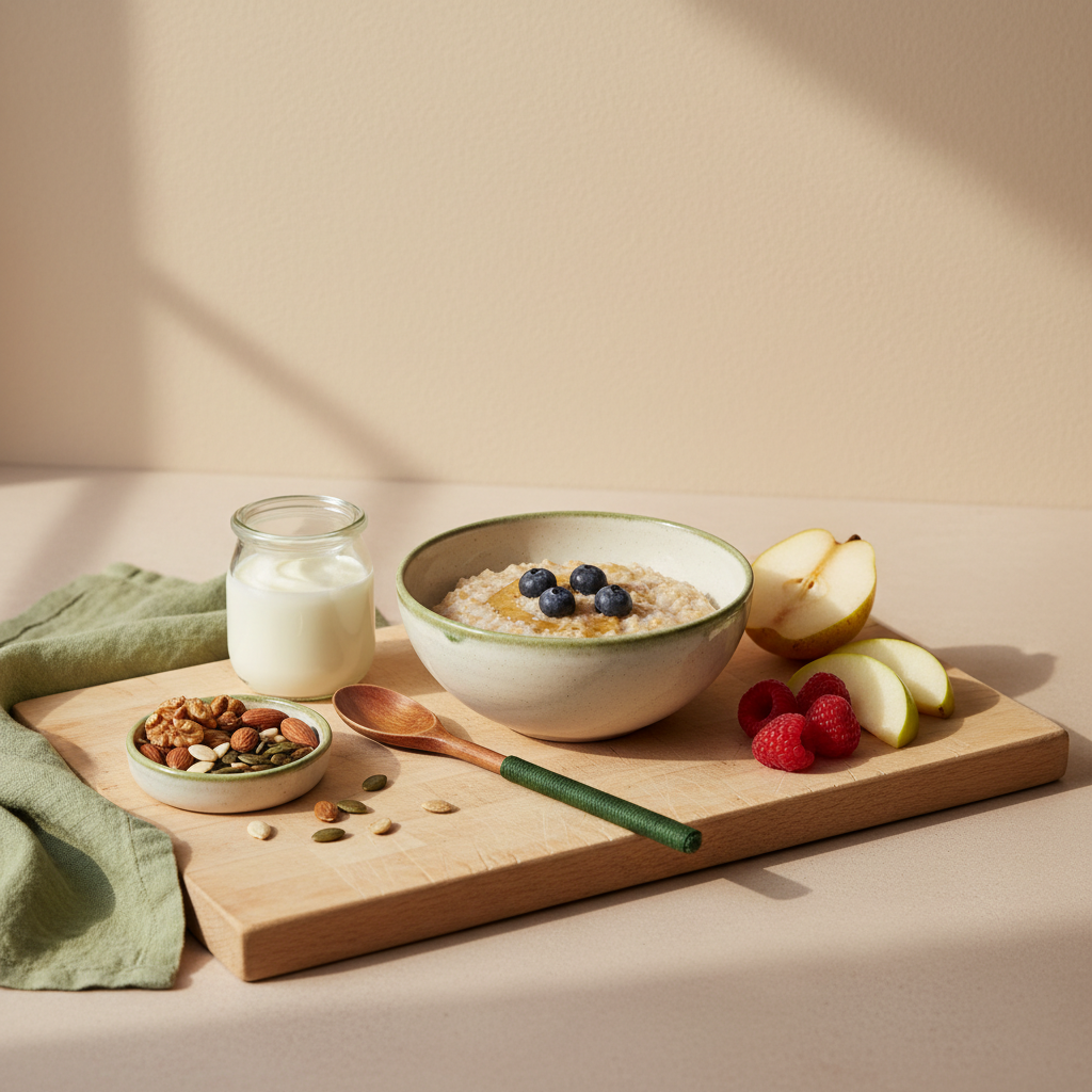Minimalistisches Haferfrühstück mit Joghurt, Obst und Nüssen auf hellem Hintergrund in Markenfarben, ideal für gesund essen tagsüber