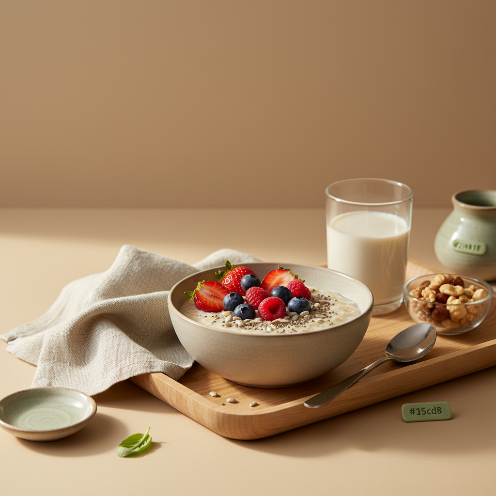 Veganer Frühstückstisch mit Porridge, Beeren und Glas Pflanzendrink in minimalistischer, heimeliger Komposition in Markenfarben — was sollte man als Veganer jeden Tag essen
