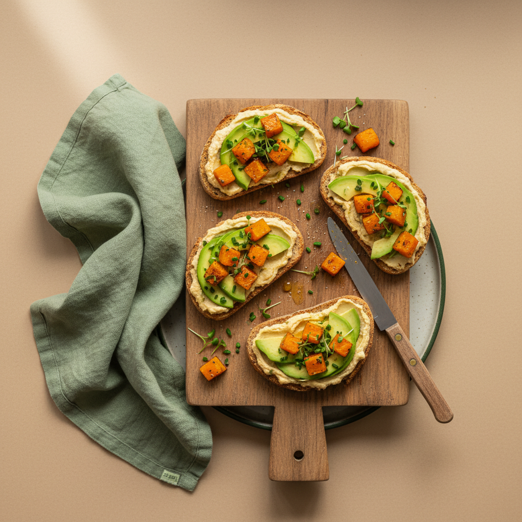 Nahaufnahme: Was essen Veganer auf Brot – Holzbrett mit offenen veganen Toasts (Hummus, Avocado, gerösteter Kürbis) vor minimalistischem hellbeigem Hintergrund
