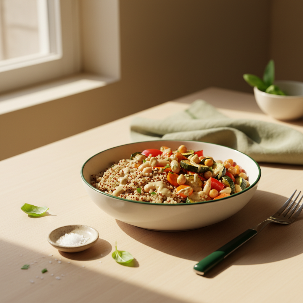 Minimalistische Küchenszene mit Schüssel aus Quinoa, geröstetem Gemüse, Bohnen und Tahini – vegane Lebensmittel Liste, warmes Tageslicht, Hintergrund #dbdbcf, Akzente #a5cd8d