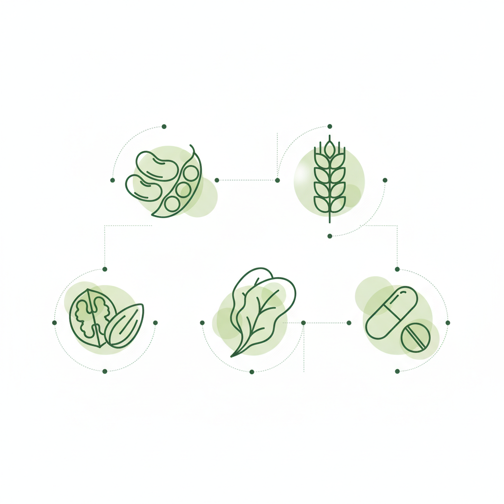 Minimalistische 2D-Vektor-Infografik mit Icons für Hülsenfrüchte, Getreide, Nüsse, grüne Gemüse und Ergänzungsmittel – vegane Lebensmittel Liste.