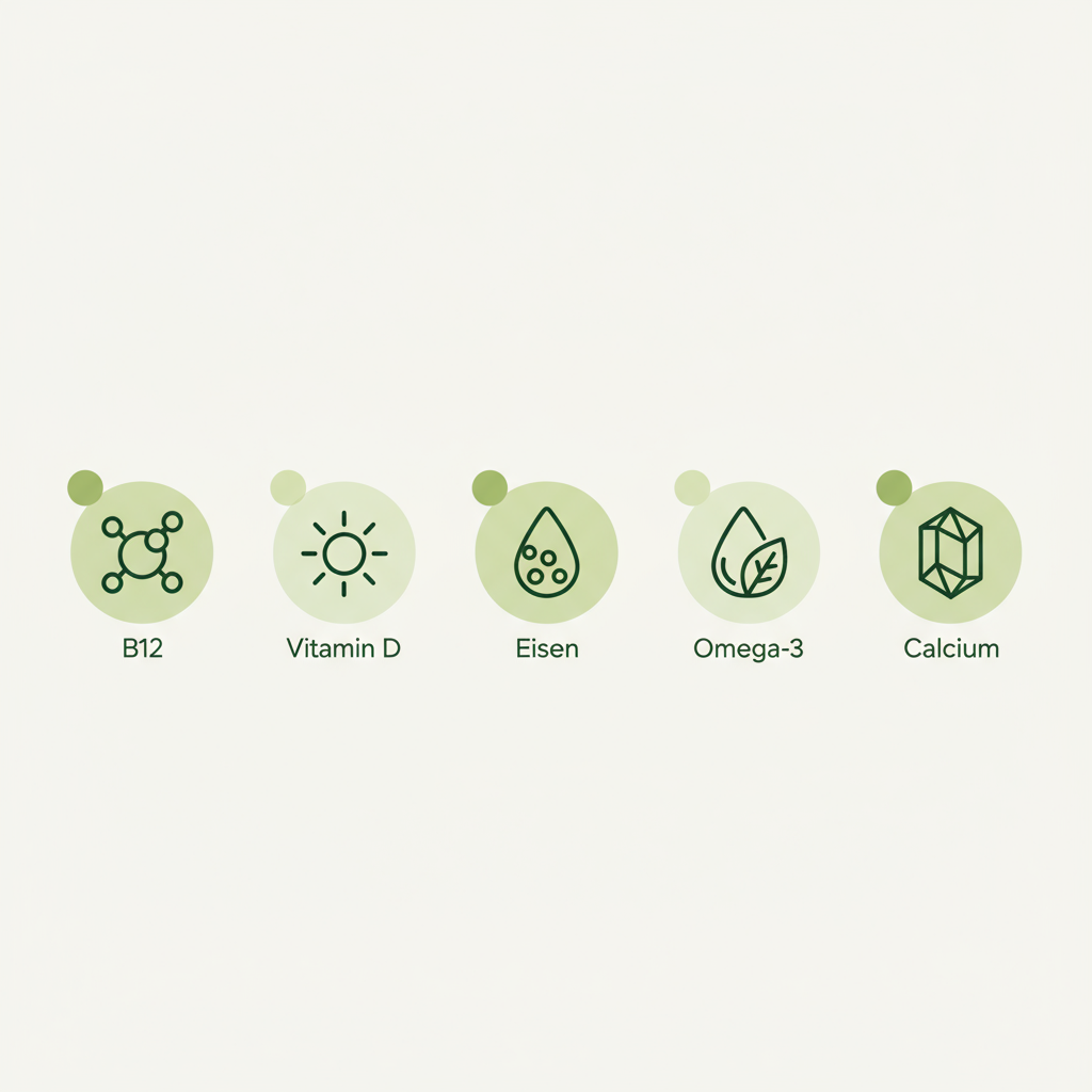 Minimalistische 2D-Vektor-Infografik mit fünf Icons (B12, Vitamin D, Eisen, Omega-3, Calcium) in Markenfarben #dbdbcf/#a5cd8d/#21431f – vegan essen auf dauer gesund