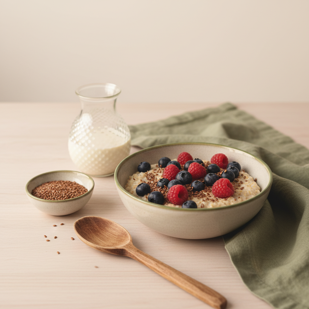 Nahaufnahme veganes Frühstück: Haferporridge mit Beeren, gemahlenem Leinsamen und Pflanzenmilch auf hellem Hintergrund #dbdbcf, Akzentstoff #a5cd8d — vegan essen auf dauer gesund