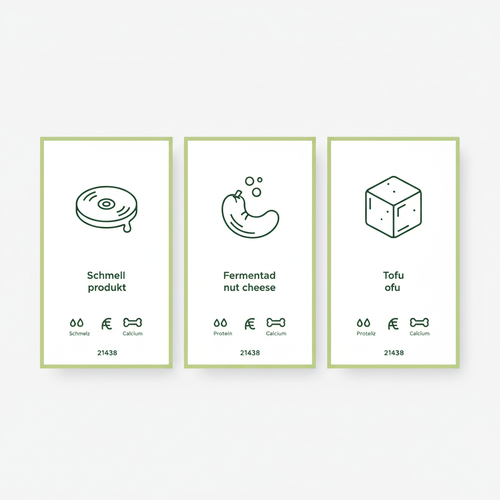 Minimalistische 2D-Vektor-Infografik: drei Icons für Schmelzprodukt, Nusskäse und Tofu mit kleinen Symbolen für Schmelz, Protein und Kalzium. Was esse ich statt Käse?