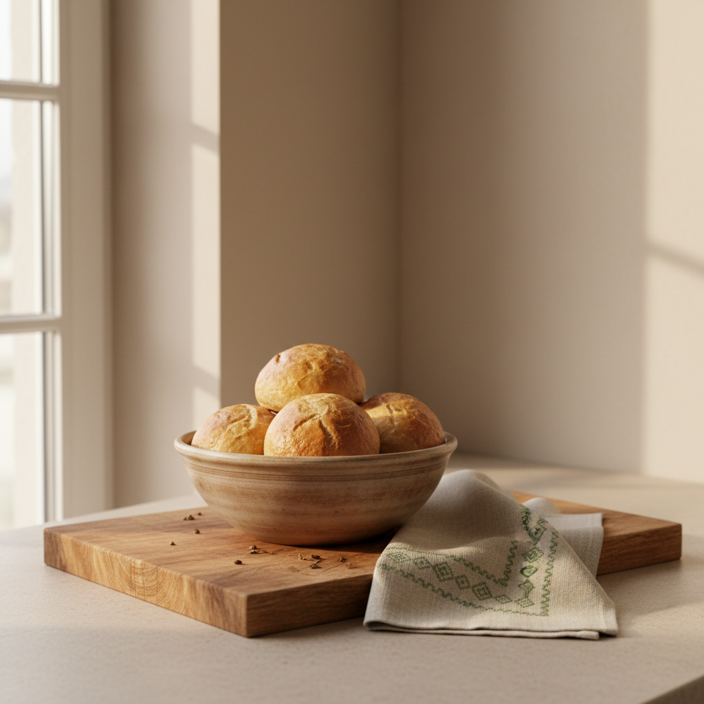 Frisch gebackene Brötchen in Schüssel auf Holzbrett mit Leinenserviette und #a5cd8d Akzent in minimalistischer heimischer Küche — Sind Brötchen vom Bäcker vegan