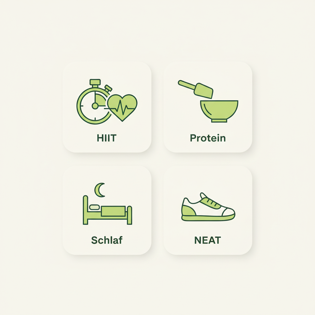 Minimalistische 2D-Vektorinfografik mit vier Icons (HIIT, Protein, Schlaf, NEAT) in Markenfarben, visualisiert Wege Fettverbrennung anregen ohne Texte.