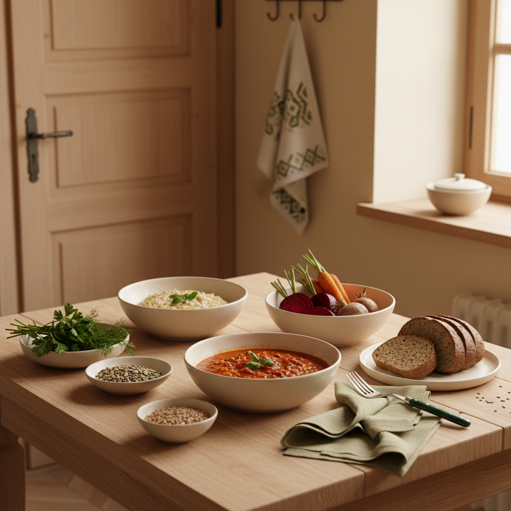 Minimalistische heimische Küchenszene mit ballaststoffreichen Gerichten auf Holztisch, warmes Licht und dezente grüne Akzente – Thema Stuhlgang