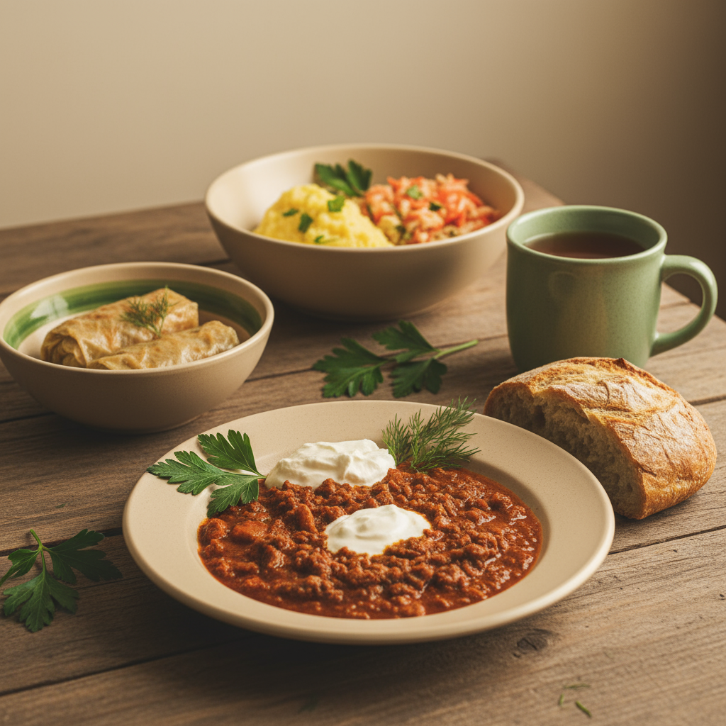 Warme Nahaufnahme eines einfachen europäischen Mahls auf Holztisch mit Kräutern und Becher, minimalistisches Setup, Hintergrund #dbdbcf, Akzente #a5cd8d — sofort aufhören rauchen