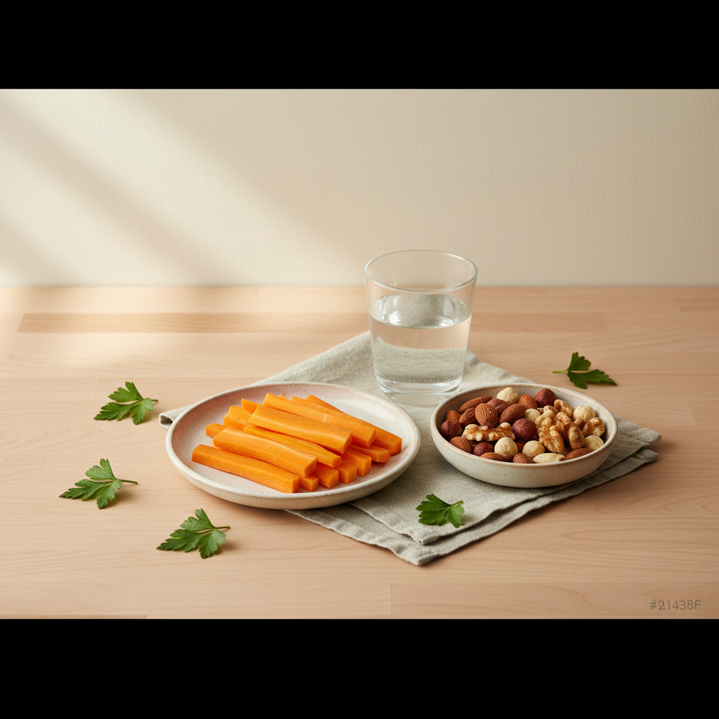 Nikotinentzug Tag 3: Heimelige, minimalistische Küchenszene mit Karottenstiften, Nüssen und Glas Wasser vor hellem #dbdbcf Hintergrund.