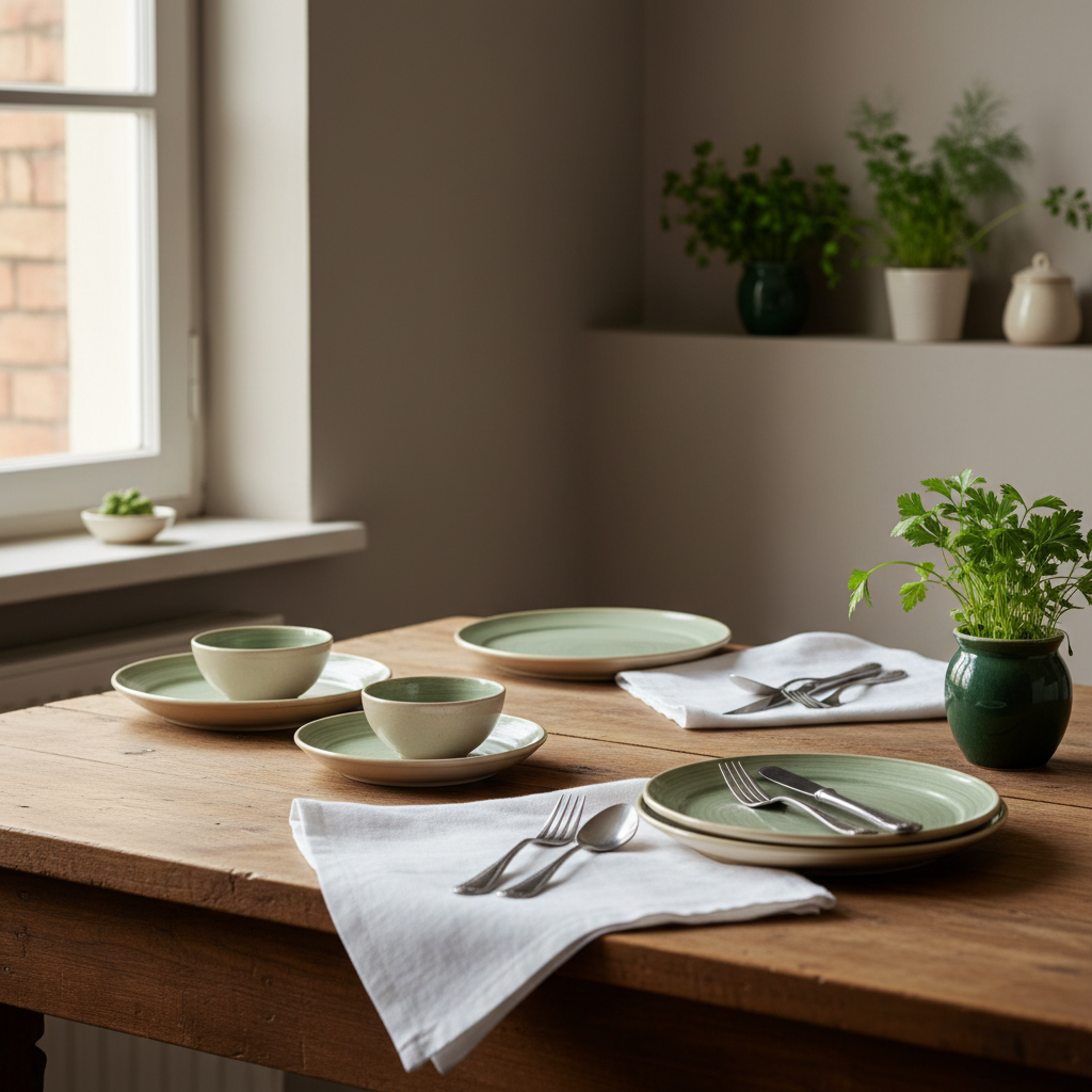 Vollbild einer minimalistischen europäischen Küche mit ungarisch-rumänischen Akzenten, rustikalem Tisch, kleinen Keramiktellern und frischen Kräutern im Kontext von Nikotinentzug Phasen.