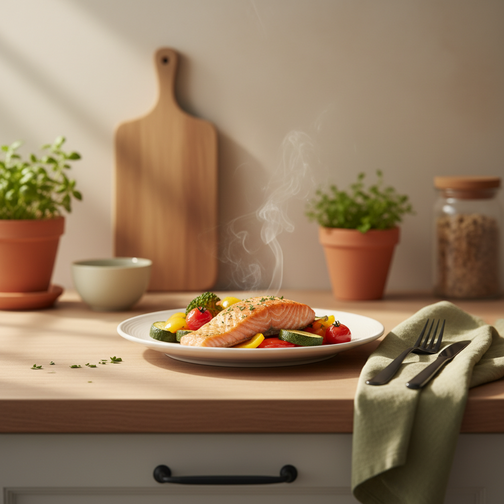 Was kann man bei Low‑Carb essen? Ofenlachs mit Ofengemüse auf minimalistischem Holztisch, warme Lichtstimmung, Hintergrund in #dbdbcf mit dezenten #a5cd8d Akzenten.