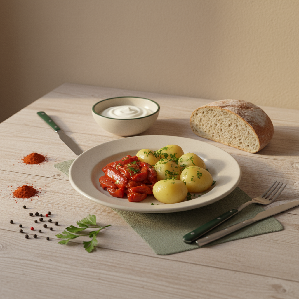 Kosten Stoffwechselanalyse: Vollformatfoto eines minimalistischen, heimeligen Tellergerichts im ungarisch-rumänischen Stil auf Holztisch, Hintergrund #dbdbcf, Akzent #a5cd8d