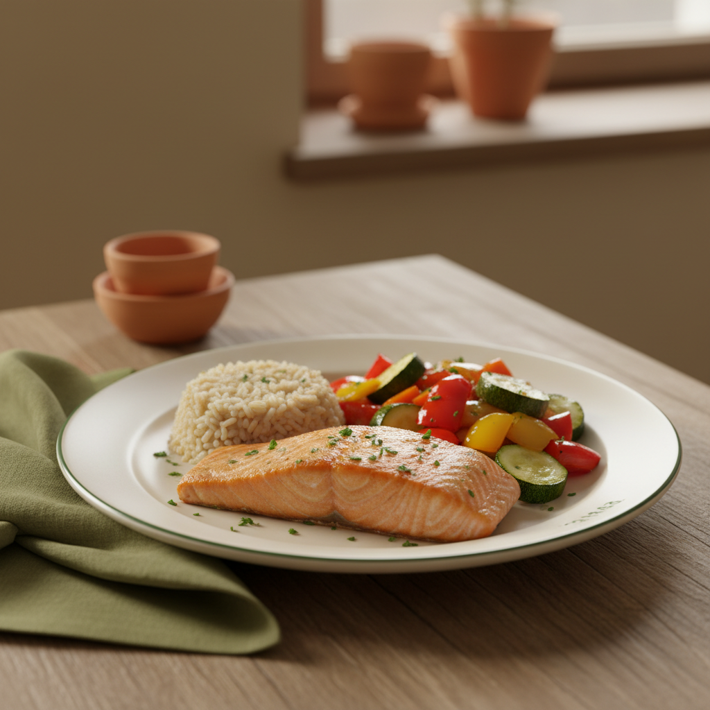 Was sollte man abends essen, um Bauchfett zu verlieren? Proteinreiches Abendessen mit Lachs, geröstetem Gemüse und Vollkornreis auf minimalistischem rustikalem Tisch, Hintergrund #dbdbcf