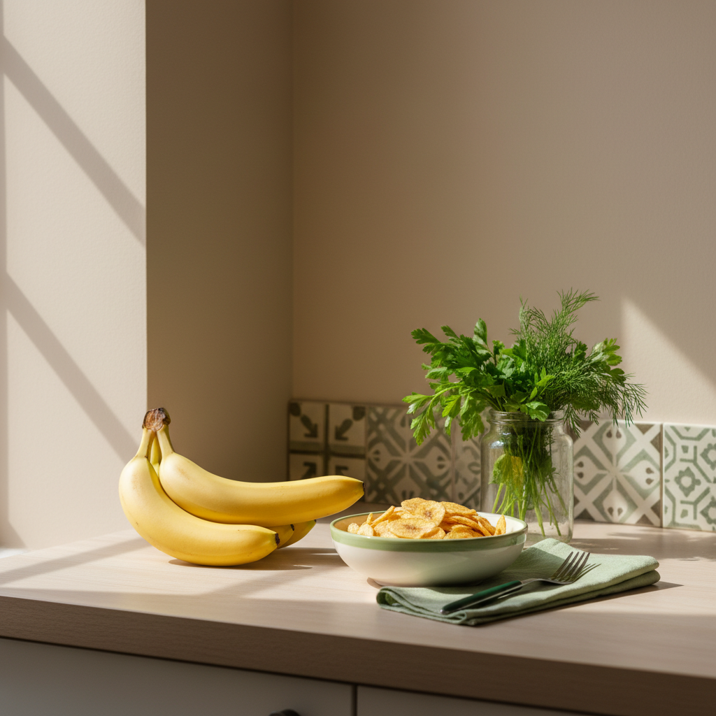 Heimisches Küchenstillleben mit reifen Bananen, einer Schale Bananenchips und einem Kräuterglas in Markenfarben, warme Tageslichtstimmung — Banane vegan