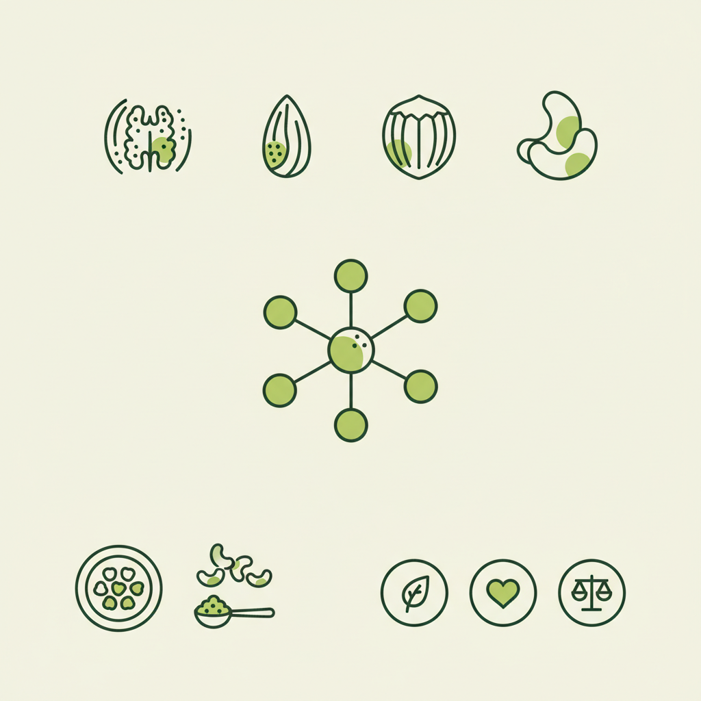 Minimalistische 2D-Vektor-Infografik mit Nuss-Silhouetten, Folat-Molekül-Icon und Portionssymbol, passend zum Folsäuregehalt von Nüssen