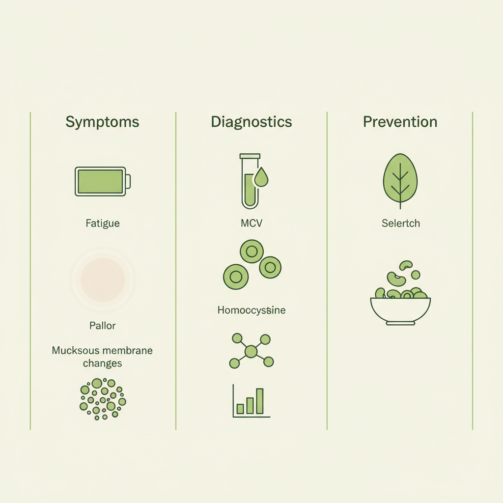 Vektor-Infografik zu Folsäuremangel mit minimalistischen Icons: Müdigkeit (Batterie), Blässe (entfärbter Kreis), Blutdiagnostik, Blattgemüse und Hülsenfrüchte.