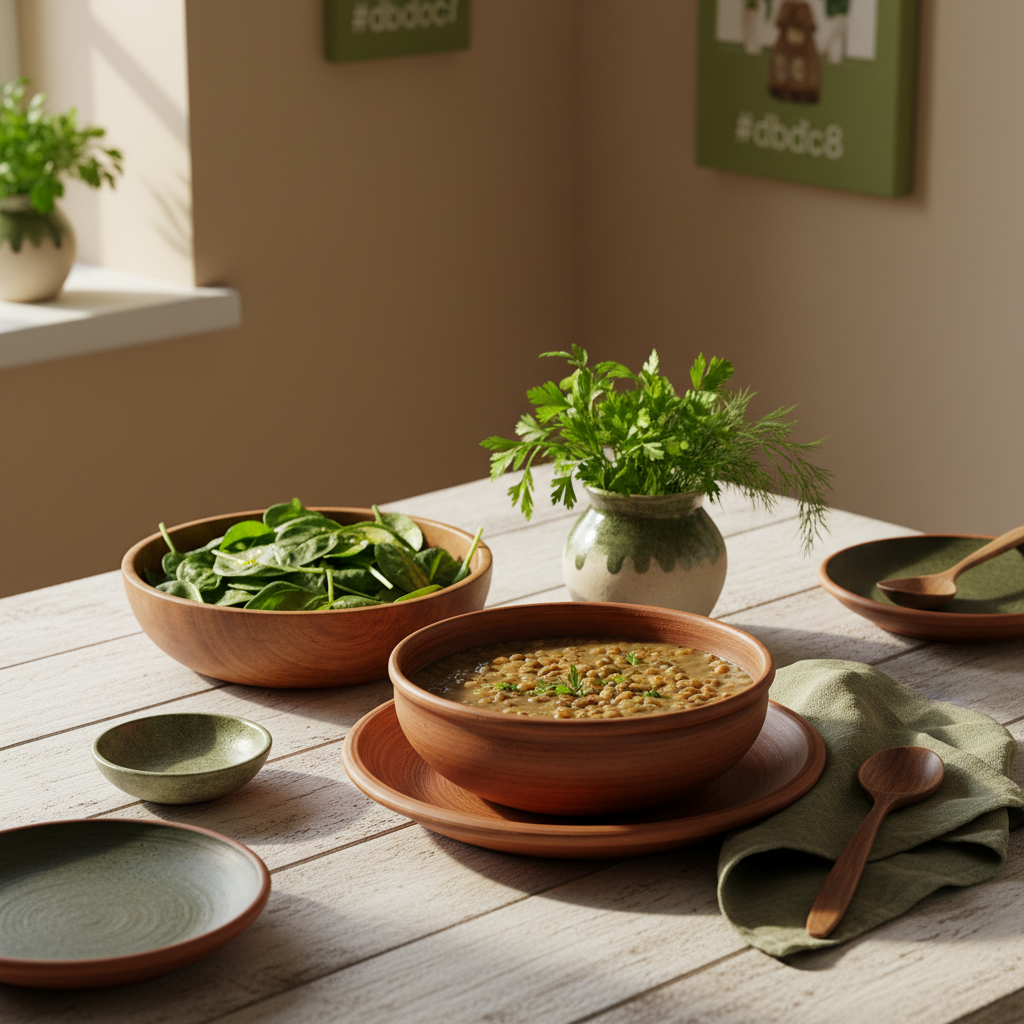 Vollbild einer heimischen europäischen Küche mit folatreicher Mahlzeit: Spinatsalat, Linseneintopf und frische Kräuter vor hellbeigem #dbdbcf Hintergrund – Thema Folsäuremangel