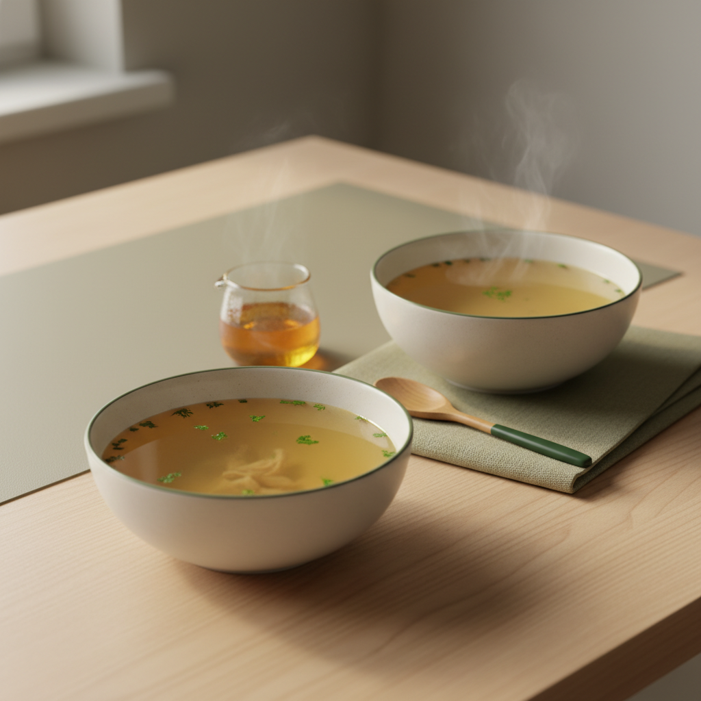 Nahaufnahme eines gedeckten Tisches mit Hühnerbrühe, Kamillentee in heller Schale und kleinem Honigglas, Serviette #a5cd8d vor Hintergrund #dbdbcf — welches Getränk beruhigt den Hals