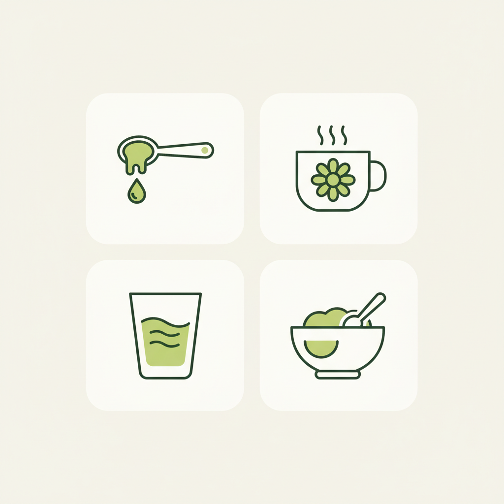 Minimalistische 2D-Vektor-Infografik zu welches Getränk beruhigt den Hals mit vier Icons: Honig, Kamillentee, Salzwasser, Brühe in Markenfarben.