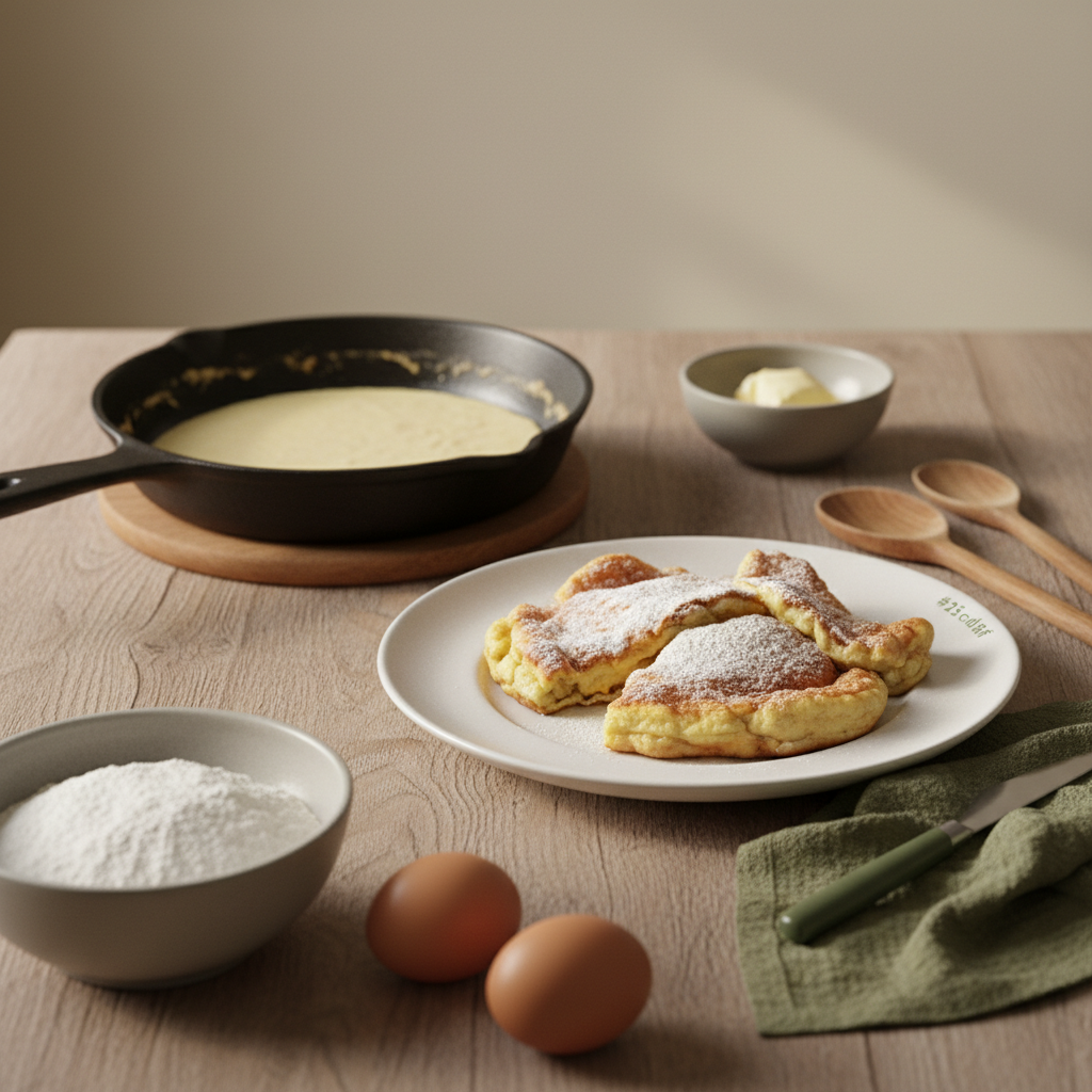 Kaiserschmarrn fluffig auf Teller, Pfanne, Eier, Mehl und Butter auf minimalem Holztisch vor #dbdbcf-hintergrund, warme Slow-Food-Atmosphäre