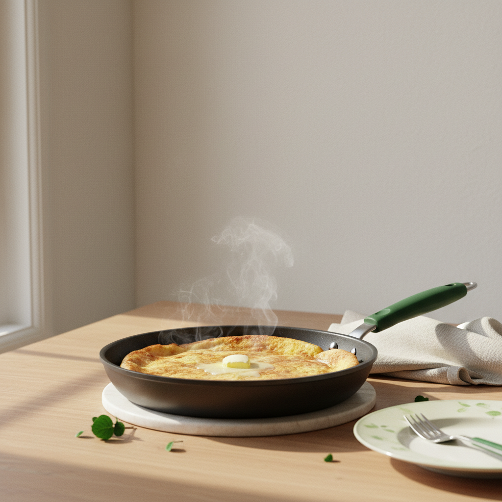 Nahaufnahme einer brutzelnden Pfanne mit zerrissenem Kaiserschmarrn, schmelzender Butter und leichtem Dampf auf warmem Holz, minimalistisches, helles Küchen-Stillleben