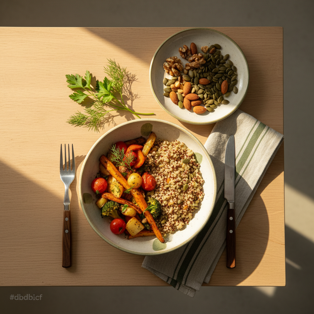 Mittagessen Ideen: Minimalistische Quinoa-Bowl mit geröstetem Gemüse, Nüssen und frischen Kräutern auf hellem Holztisch, dezente Akzente in Markenfarben