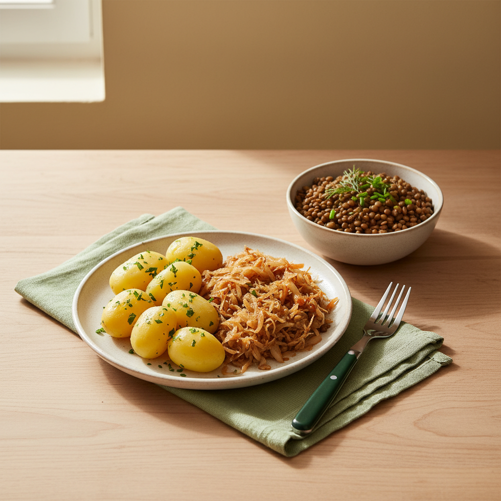 Heimeliges Mittagessen in Deutschland mit gekochten Kartoffeln, Sauerkraut und kleiner Schüssel Linsen mit frischen Kräutern auf Holztisch, minimalistischer Hintergrund