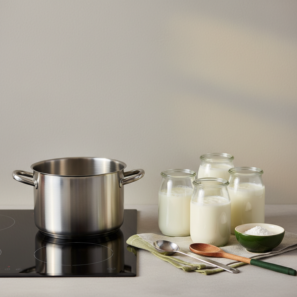 Vollbild-Küchenszene zum Joghurtmachen mit Topf auf dem Herd, Glasgefäßen, Messlöffeln und Schüssel mit Milchpulver, warme Beleuchtung, dezente Akzente in #a5cd8d und #21431f — Joghurt zu flüssig