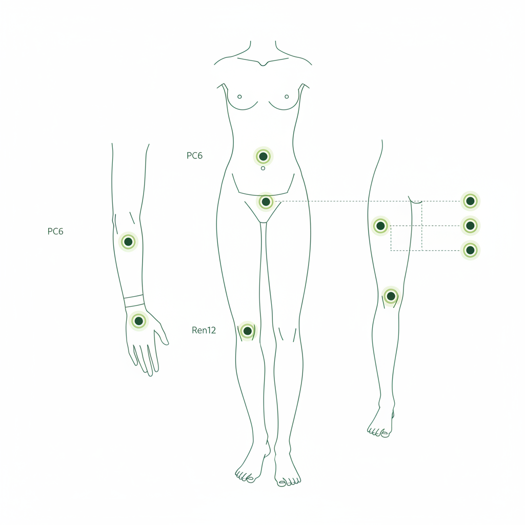 Schematische 2D-Vektor-Grafik zeigt Lage der Akupressurpunkte PC6, ST36 und Ren12; erklärt, welchen punkt drücken bei sodbrennen ohne Text.