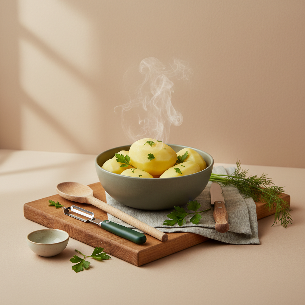 Kartoffeln kochen: Schüssel mit gekochten Kartoffeln auf Holzbrett, Küchenwerkzeug und frischen Kräutern, warmes Fensterlicht, Hintergrund #dbdbcf, Akzente #a5cd8d und #21431f