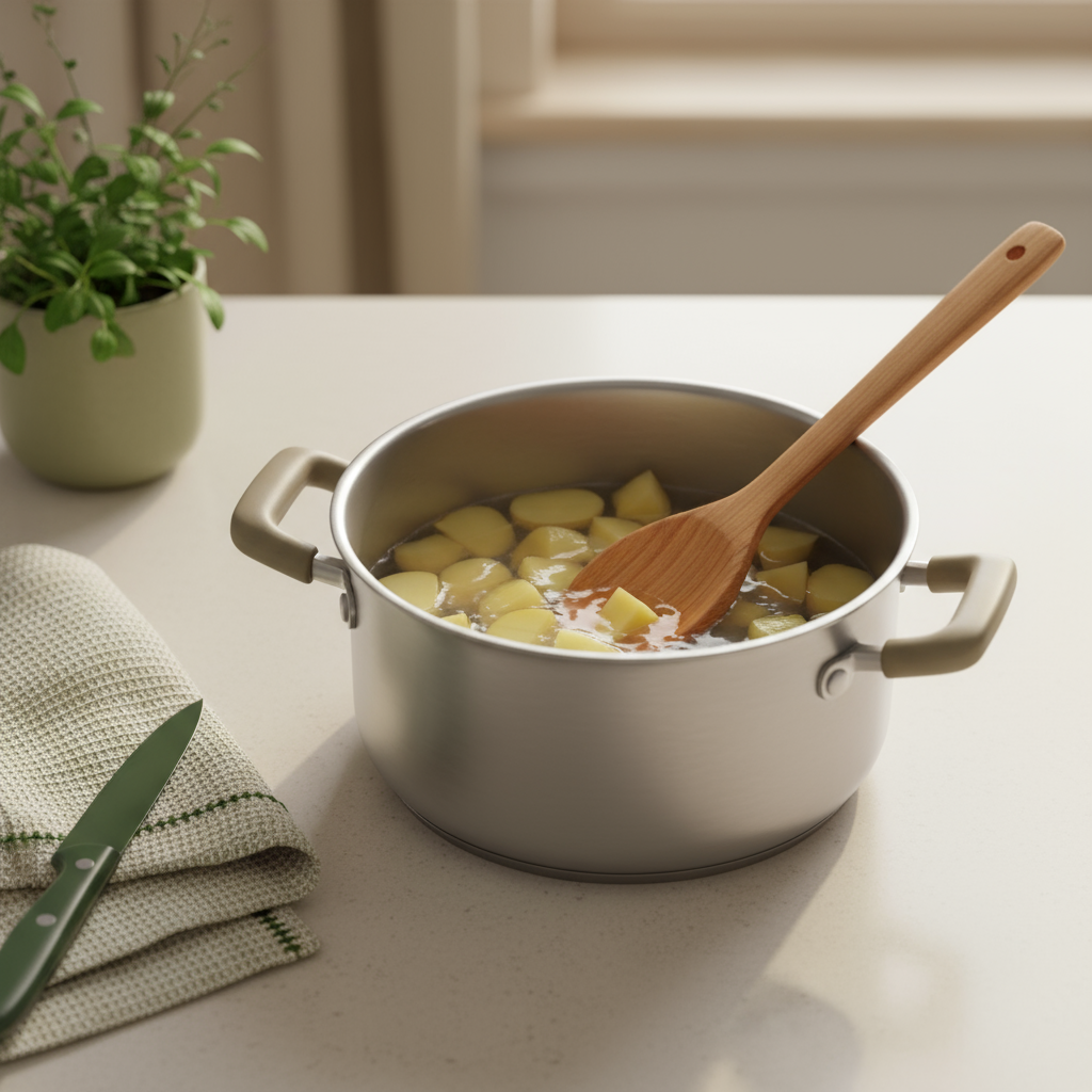 Kartoffeln gleichmäßig garen: Topf mit gleichmäßig geschnittenen Kartoffeln, Holzlöffel auf sauberer Arbeitsfläche, warme minimalistische Schnell Lecker-Farben