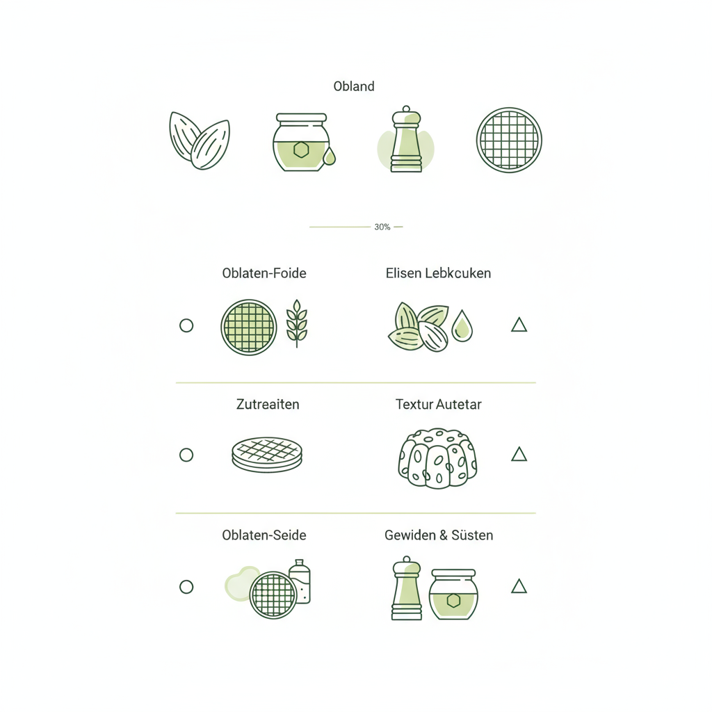 Minimalistische 2D-Vektor-Infografik zu Nürnberger Lebkuchen mit Icons: Mandeln, Honigglas, Gewürzmühle und Oblate in Schnell-Lecker-Farben