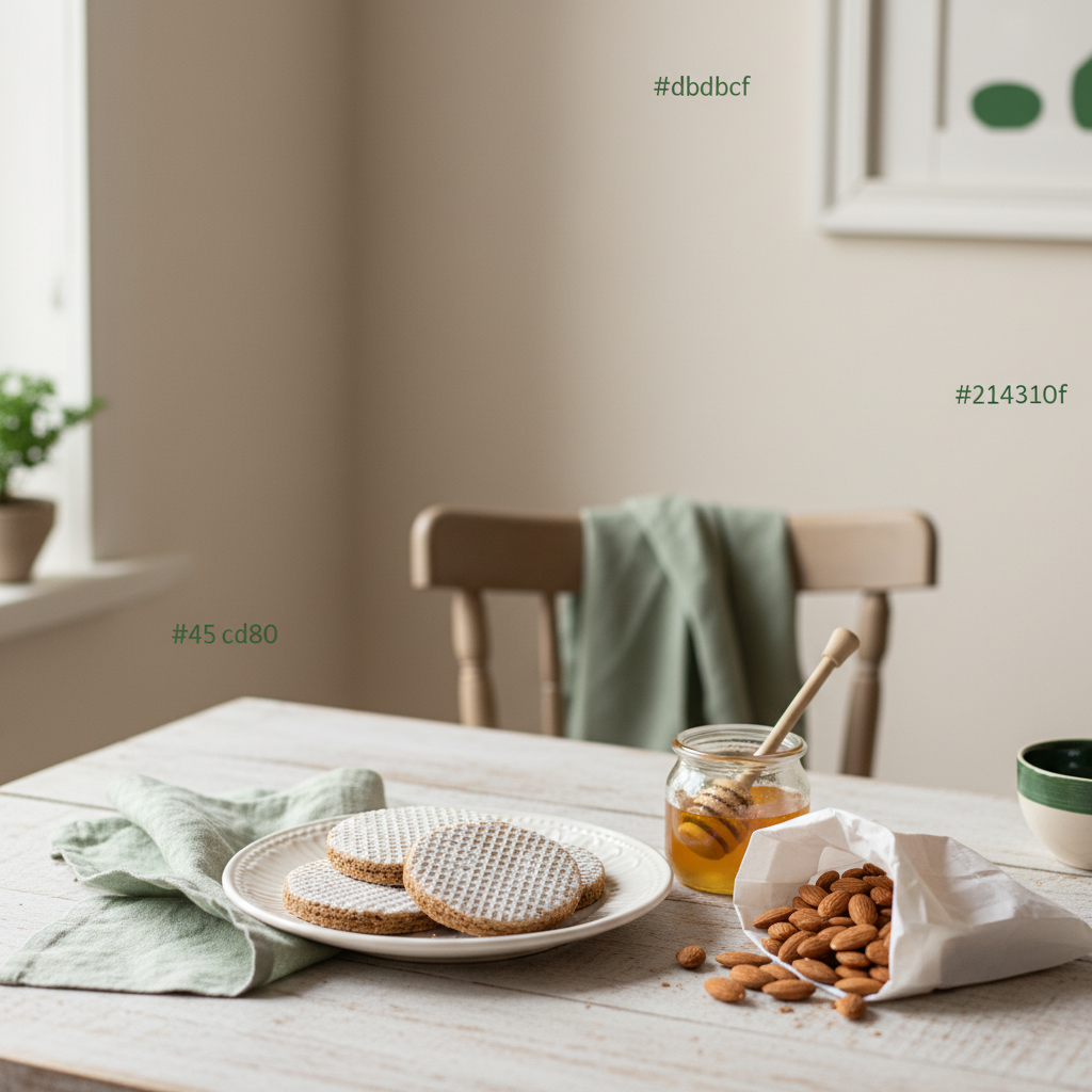 Teller mit Nürnberger Lebkuchen, offene Packung Mandeln und Glas Honig auf minimalistischem Holztisch vor Hintergrund #dbdbcf mit #a5cd8d Akzenten.