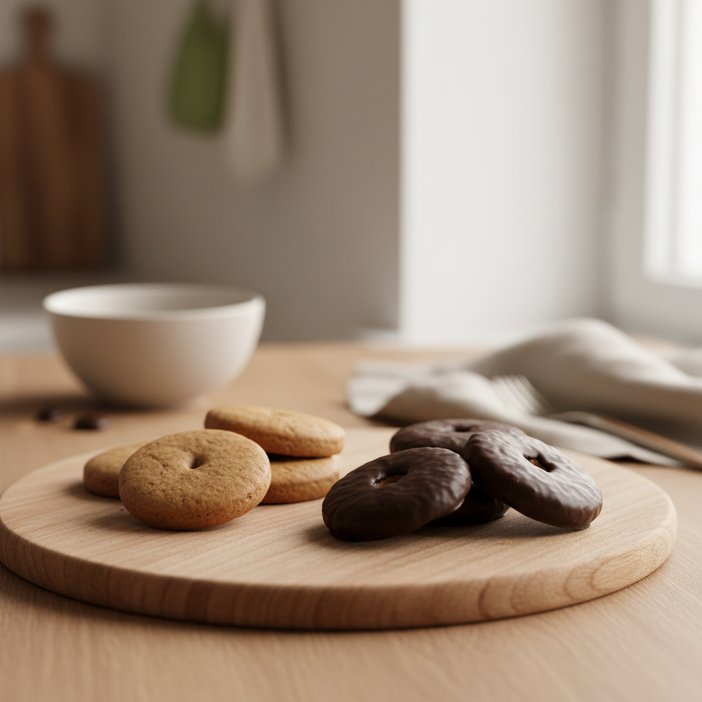 Nahaufnahme von Nürnberger Lebkuchen (einige pur, einige mit dunkler Schokolade) auf Holzbrett in warmer, minimalistischer Küche mit dezenten Markenfarben, lebkuchen nährwerte