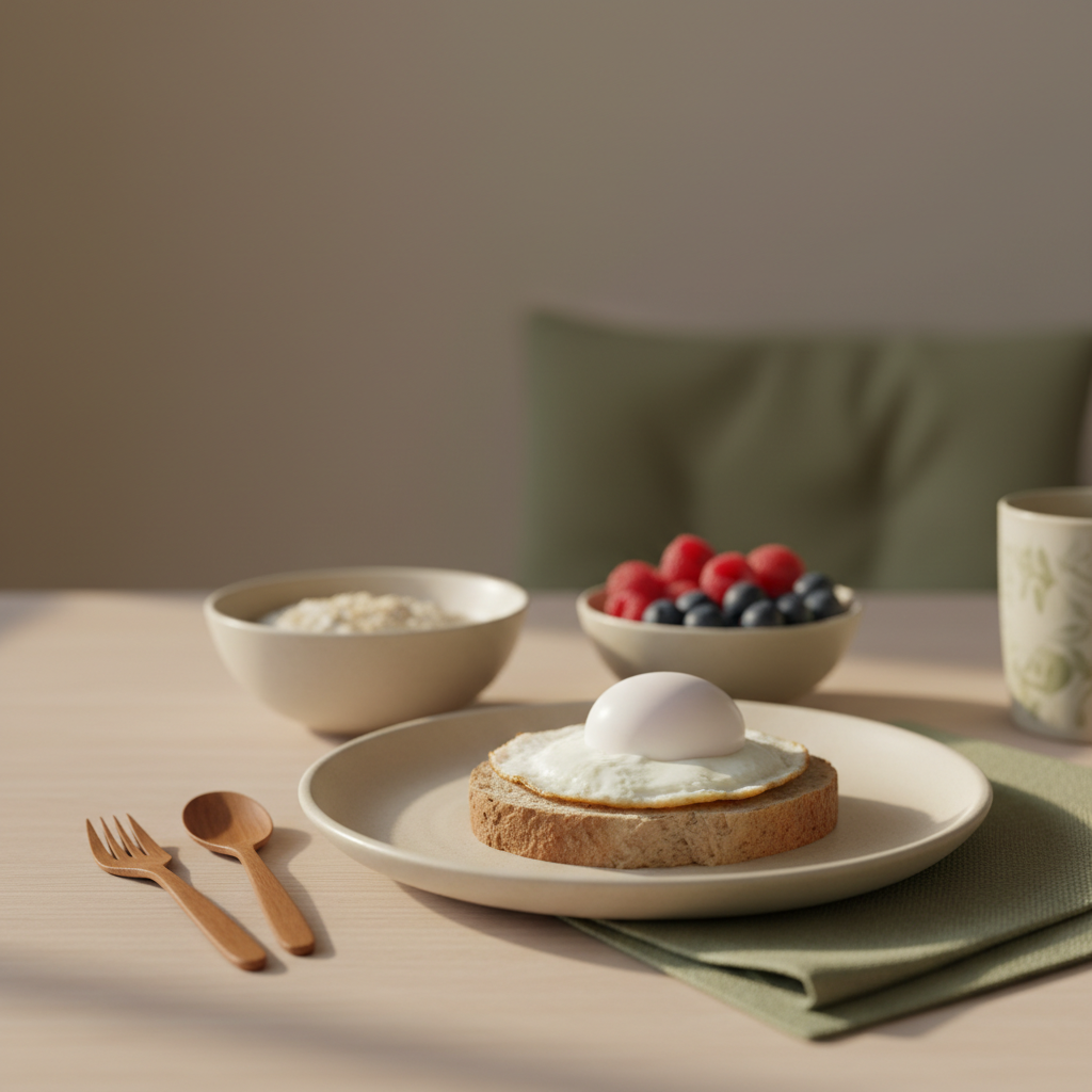 Heimisches Frühstück mit Ei auf Vollkornbrot, Beeren und Haferbrei im Hintergrund – Fokus auf Eier Ballaststoffe, warmes Licht, Hintergrund #dbdbcf, Akzent #a5cd8d