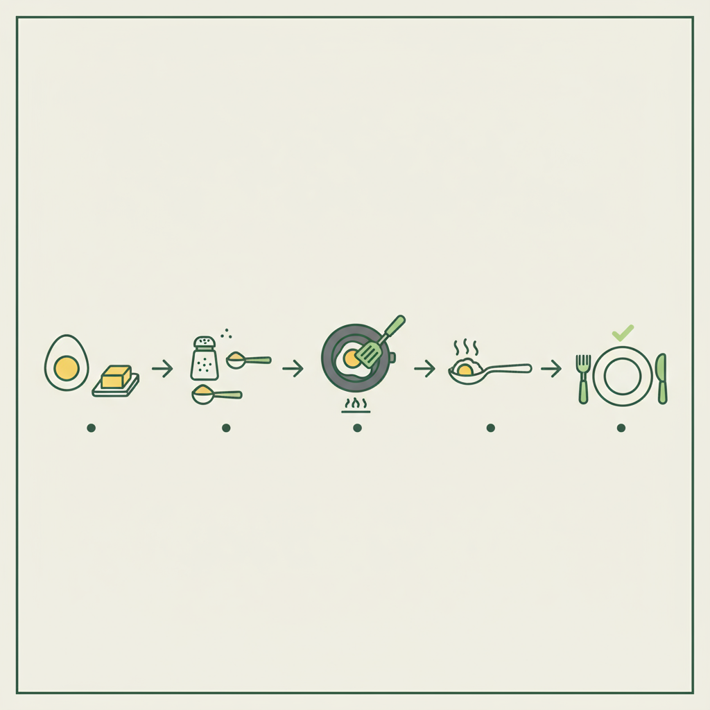Minimalistische 2D-Vektor-Infografik mit Icon-Timeline (Ei, Butter, Salz, Messlöffel, Pfanne) zur Anleitung, Rührei cremig machen, im Schnell Lecker Markenstil.