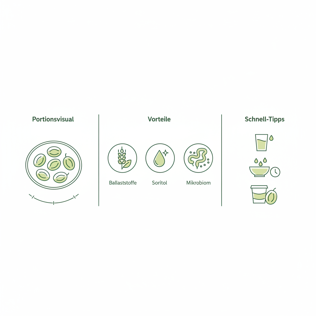 Minimalistische 2D-Vektorinfografik zu getrocknete Pflaumen essen: Portion (6 Pflaumen auf Teller), Icons für Ballaststoffe, Sorbitol, Mikrobiom und Tipps (Wasser, Einweichen, Kombination).