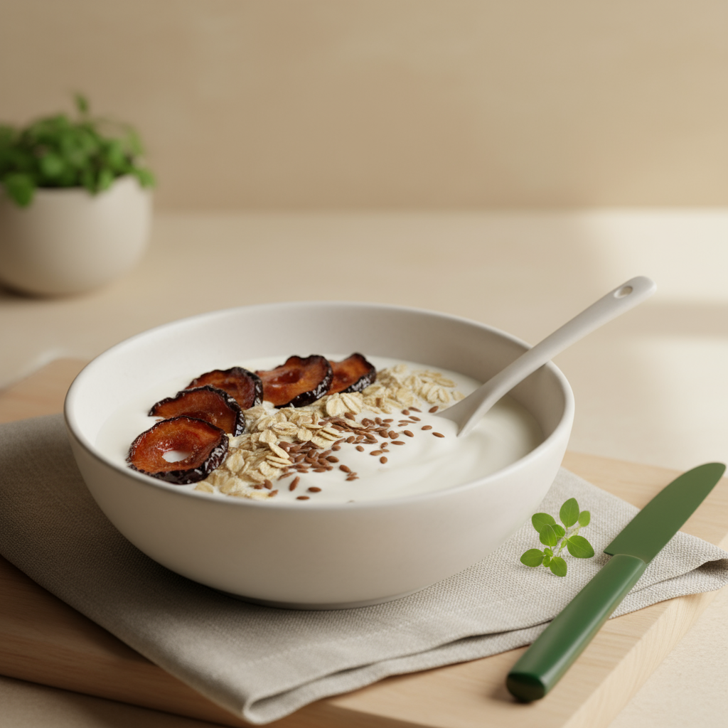 Nahaufnahme: rustikales Frühstück mit Joghurt, Hafer, Leinsamen und geschnittenen getrockneten Pflaumen – minimalistisch, warme europäische Küchenatmosphäre zum Thema getrocknete Pflaumen essen.