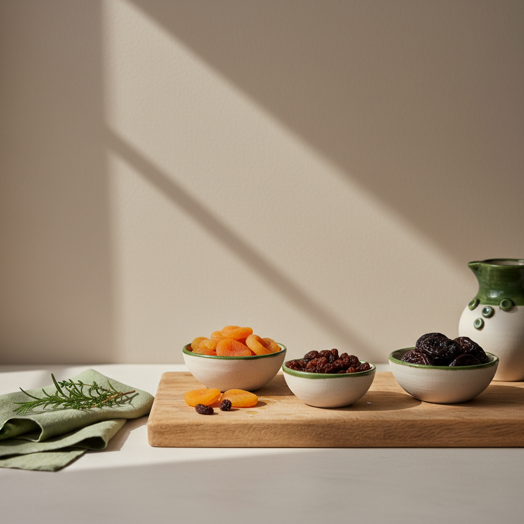 Trockenobst zum Abnehmen: Nahaufnahme eines Holzbretts mit getrockneten Aprikosen, Rosinen und Pflaumen in kleinen Keramikschälchen vor neutralem Hintergrund #dbdbcf.