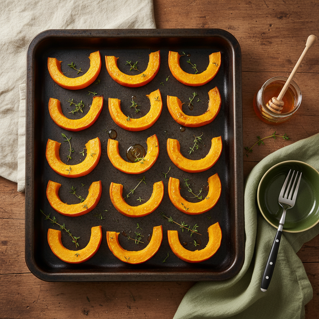 Nahaufnahme gerösteter Kürbisspalten mit Thymian und Honigglas auf rustikalem Untergrund – Wie schmeckt Kürbis am besten?