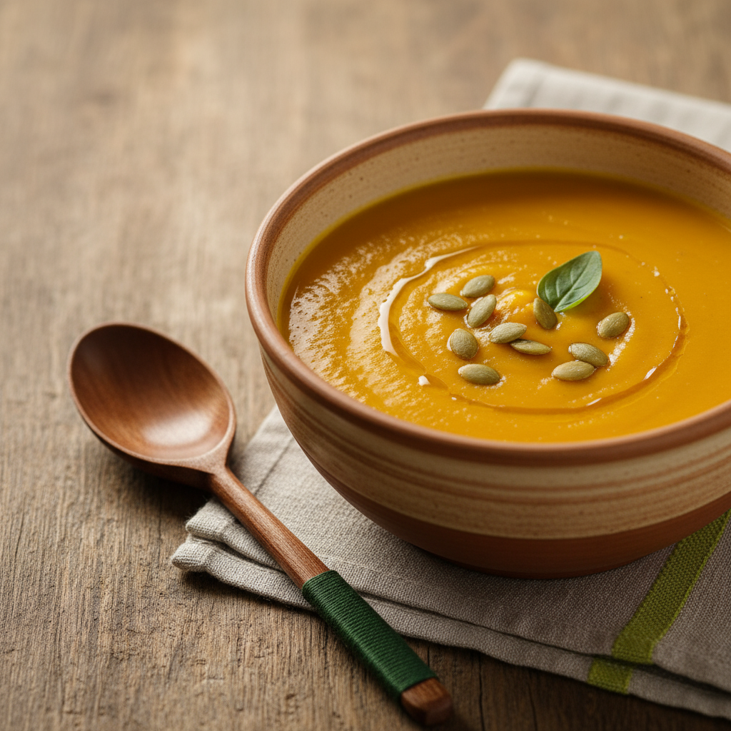 Ist Kürbis gut für den Darm? Nahaufnahme einer rustikalen Schüssel mit samtiger Kürbissuppe, Olivenöl und gerösteten Kürbiskernen auf Holz vor #dbdbcf-Hintergrund