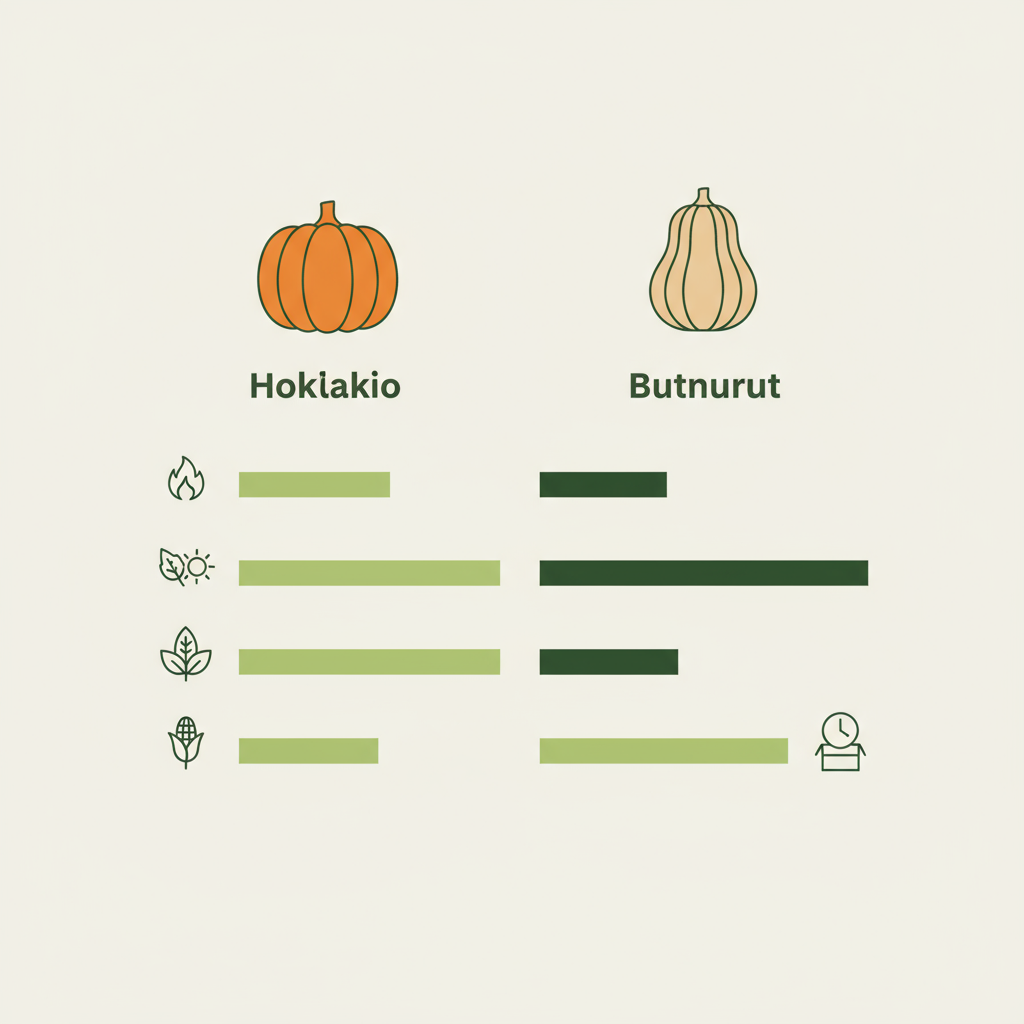 Vektorinfografik Vergleich Hokkaido vs Butternut mit Icons für Kalorien, Beta‑Carotin, Ballaststoffe und Lagerdauer, minimalistisches Design, Hintergrund #dbdbcf
