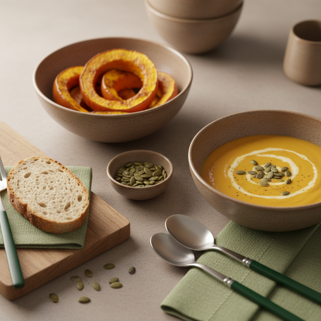 Nahaufnahme eines gedeckten Tisches mit geröstetem Hokkaido in einer Schale, cremiger Butternut‑Suppe und Kürbiskernen in warmem heimischem Setting.