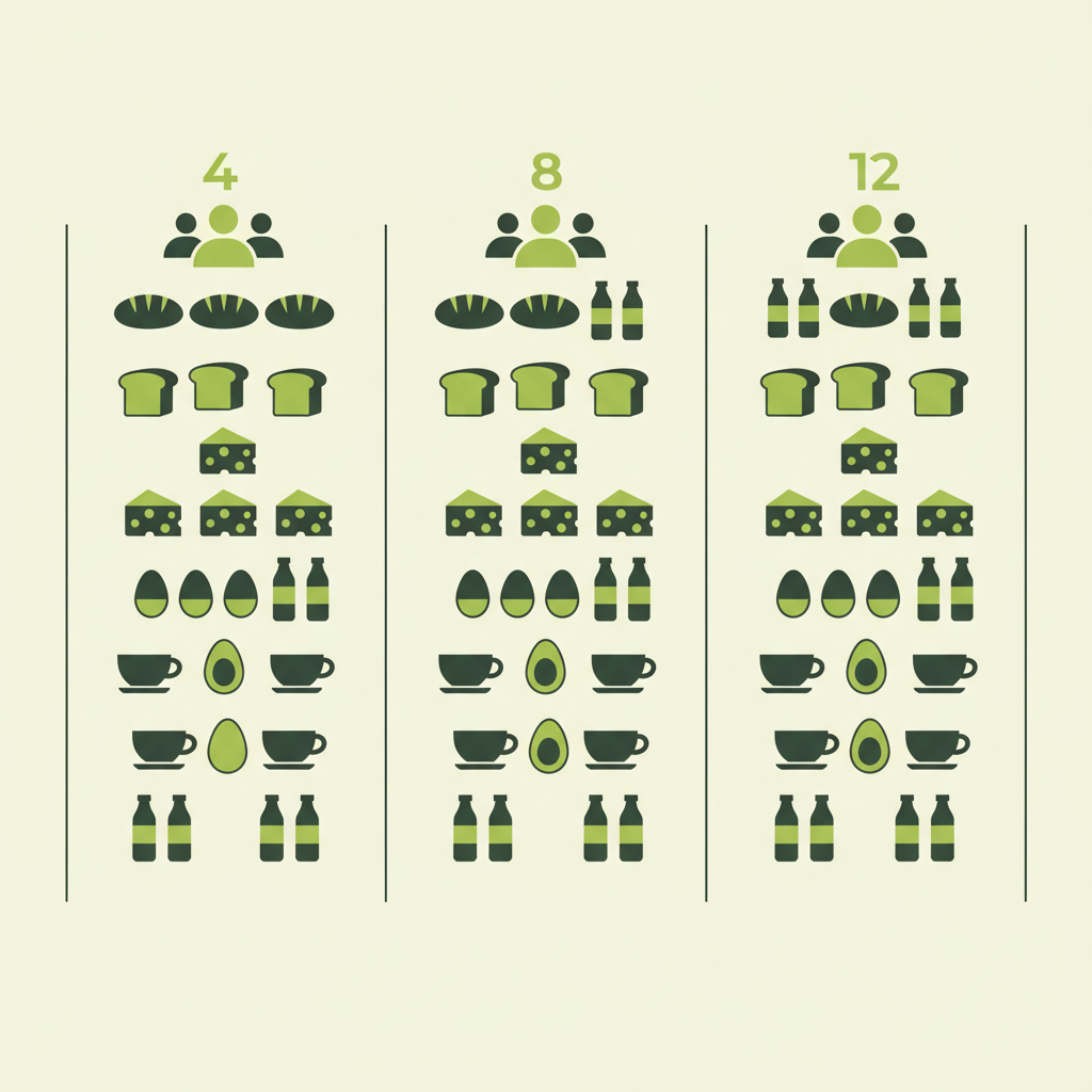 Vektor-Infografik mit Icons für Brot, Käse, Eier, Kaffee und Wasser zur Veranschaulichung der Proportionen für 4, 8 und 12 Personen – Brunch pro Person rechnen