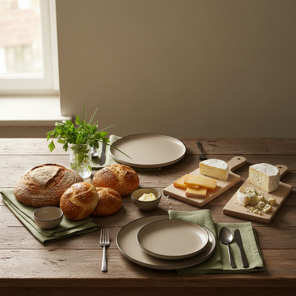 Vollbild-Brunch mit Brot, Brioche und Käseplatten auf minimalistischem Tisch in warmer natürlicher Beleuchtung, Markenfarben #dbdbcf und #a5cd8d, Brunch pro Person rechnen